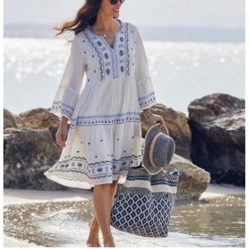 Fat Face Women Libby Dress Blue White Cotton Embroidered Flared Sleeve Kaftan 12